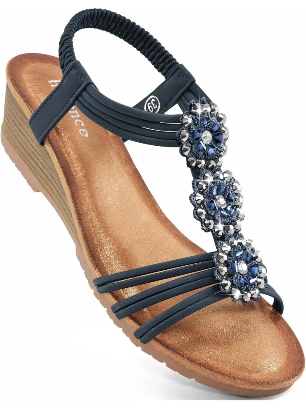 Women's Blue Floral Rhinestone Elastic Slingback Low Wedge Heel Sandals Shoes
